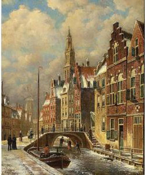 Skaters On A Canal In A Dutch Town Oil Painting by Oene Romkes De Jongh