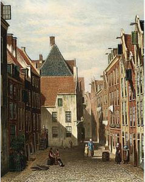 A Street Scene In A Dutch Town Oil Painting by Oene Romkes De Jongh