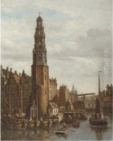 Daily Activities Around The Haringpakkerstoren Oil Painting by Oene Romkes De Jongh