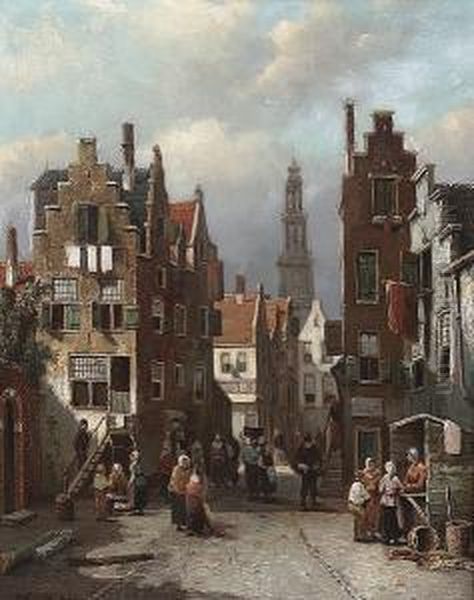 A Busy Street In A Continental Town Oil Painting by Oene Romkes De Jongh