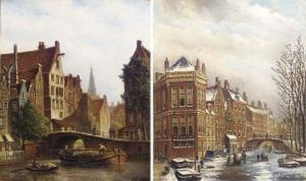 A Dutch Canal Scene In Summer; And Figures On A Frozen Canal In Adutch Town Oil Painting by Oene Romkes De Jongh