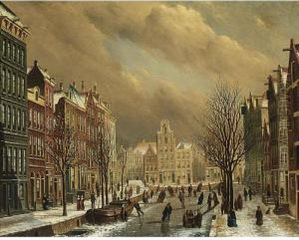 A View Of The Brouwersgracht In Amsterdam On A Winter Day Oil Painting by Oene Romkes De Jongh