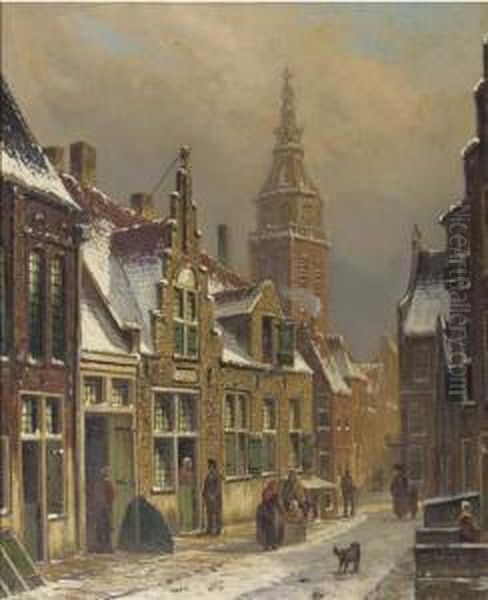 A Dutch Town On A Sunny Day In Winter Oil Painting by Oene Romkes De Jongh