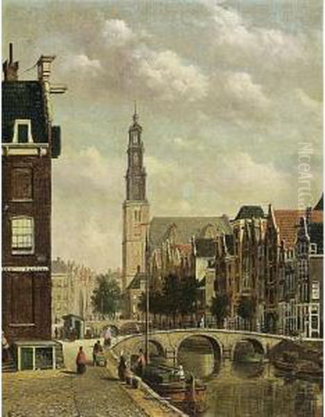 A View Of The Prinsengracht With The Westerkerk, Amsterdam Oil Painting by Oene Romkes De Jongh