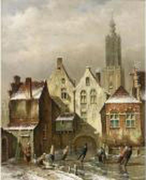 A View Of A Dutch Town With Skaters On A Frozen Canal Oil Painting by Oene Romkes De Jongh