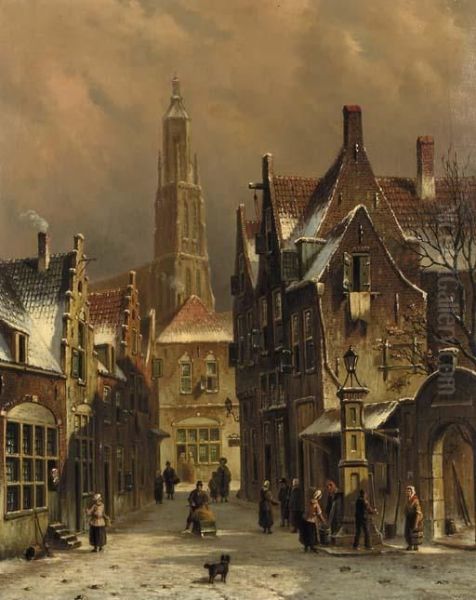 Numerous Townsfolk In A City In Winter Oil Painting by Oene Romkes De Jongh