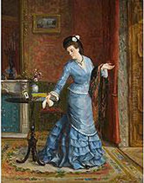 Dame In Blauem Seidenkleid Oil Painting by Gustave Leonhard de Jonghe