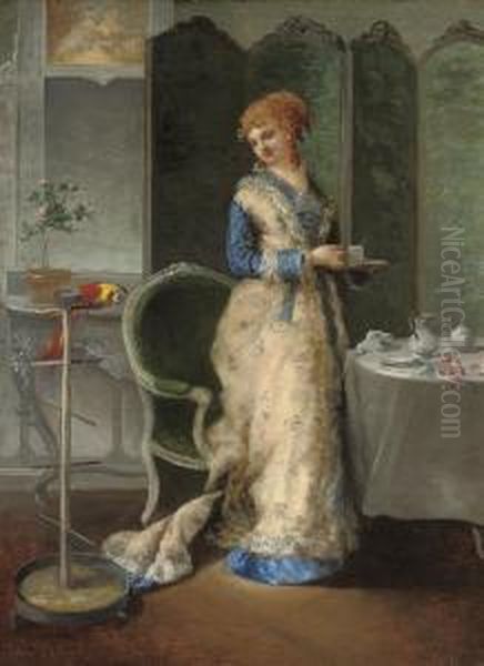 A Feathered Friend Oil Painting by Gustave Leonhard de Jonghe