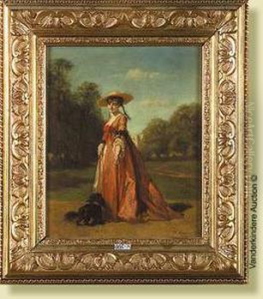 Elegante Et Son Chien Dans Un Parc Oil Painting by Gustave Leonhard de Jonghe