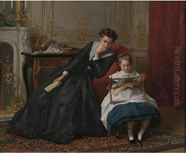 An Embroidery Lesson Oil Painting by Gustave Leonhard de Jonghe