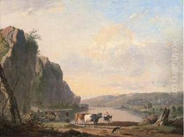 A Mountainous Landscape With Cattle Watering By A River Oil Painting by Jan Baptiste de Jonghe