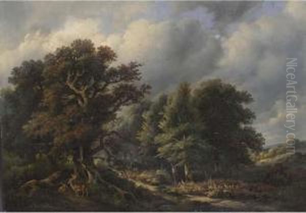 Deer In A Wooded Landscape Oil Painting by Jan Baptiste de Jonghe