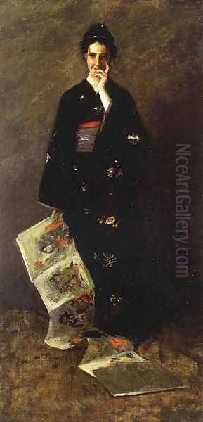 The Japanese Book Oil Painting by William Merritt Chase