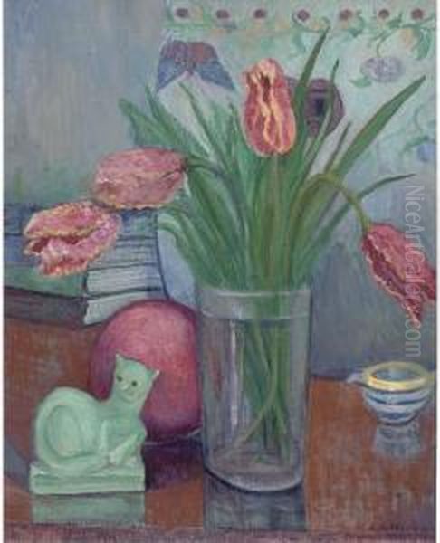 Still Life With Tulips And Sculpture By Henri Gaudier Brzeska by Stanislawa De Karlowska