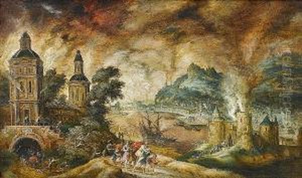 Aenaes Fleeing Burning Troy With Anchises And Ascanius Oil Painting by Kerstiaen De Keuninck The Elder