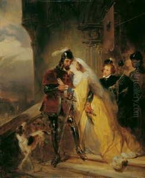 Der Abschied Eines Kreuzritters 
Von Seiner Gemahlin. Uber Dem Portal Ein Wappen Mit Einer Lilie. Oil Painting by Nicaise de Keyser