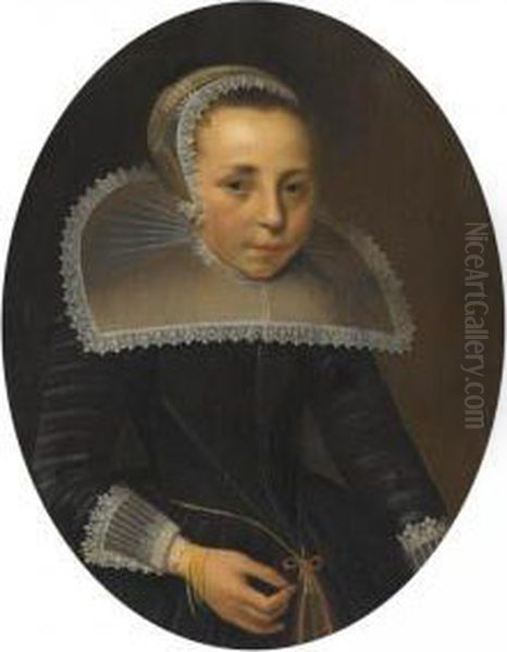 Portrait Of A Lady, Half Length, Wearing A Black Dress With White Lace Ruff And Headress Oil Painting by Thomas De Keyser