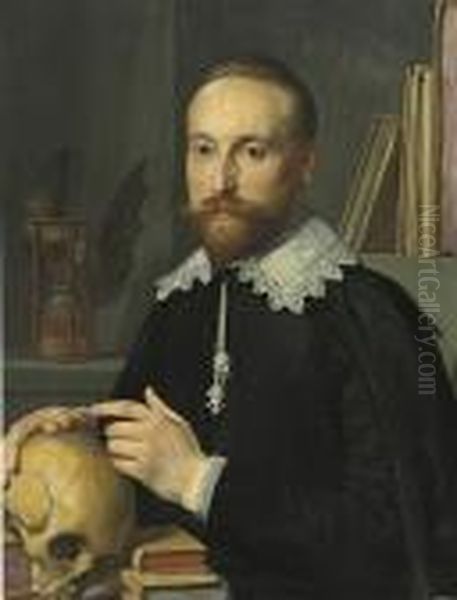 Portrait Of A Gentleman, Half-length, In A Black Coat And Whitelace Collar, With A Skull Oil Painting by Thomas De Keyser