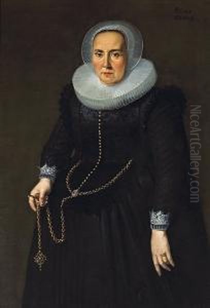 A Portrait Of A Lady, 
Three-quarter Length, Ina Black Dress With An Embroidered Bodice, Lace 
Cuffs And Collar,holding A Large Gold Chain Oil Painting by Thomas De Keyser