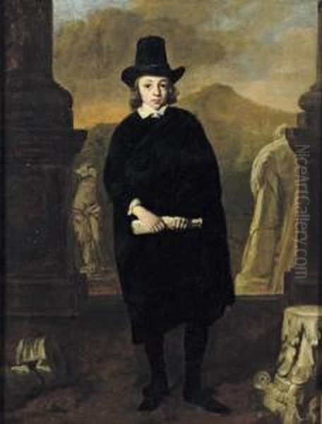 Portrait Of A Young Man, 
Full-length, In A Black Costume And Hat, Standing Amongst Classical 
Sulpture, A Landscape Beyond Oil Painting by Thomas De Keyser