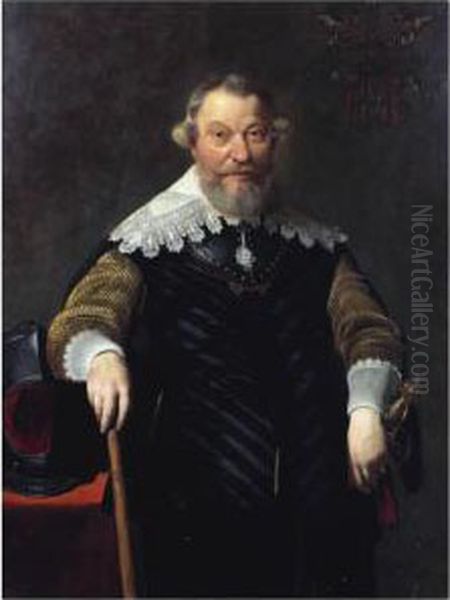 A Portrait Of Wembrich Van 
Berchem (1581-1653), Rear-admiral Of Holland And West-friesland, 
Standing Three-quarter Length, Wearing A Gorget And A Black Costume With
 Gold Sleeves, Next To A Table With A Helmet Oil Painting by Thomas De Keyser