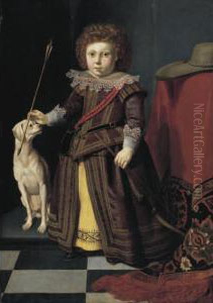 Portrait Of A Young Boy In An Interior With His Dog Oil Painting by Thomas De Keyser