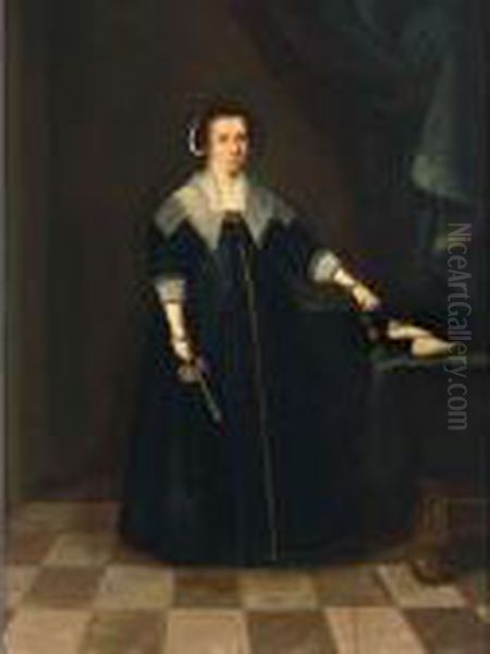 A Portrait Of A Gentleman, 
Standing Full-length In A Loggia, Wearing A Black Suit With A White Lace
 Collar;a Portrait Of A Lady, Standing Full-length In An Interior Next 
To A Table, Wearing A Black Dress, With A Lace Collar, Holding A Watch 
And A  Oil Painting by Thomas De Keyser