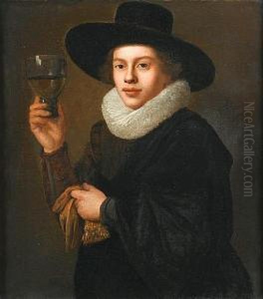 Portrait Of A Gentleman, Small 
Half-length, In Black Costume With A Ruff And A Black Hat, Holding 
Gloves And A Roemer Oil Painting by Thomas De Keyser