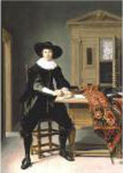 Portrait Of A Gentleman, Full Length, Seated At A Table Oil Painting by Thomas De Keyser