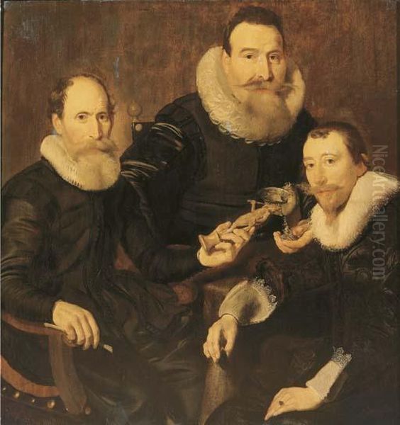 Group Portrait Of Three 
Gentlemen, Three-quarter-length, Seated In Black Costumes With Lace 
Collars And Cuffs Oil Painting by Thomas De Keyser