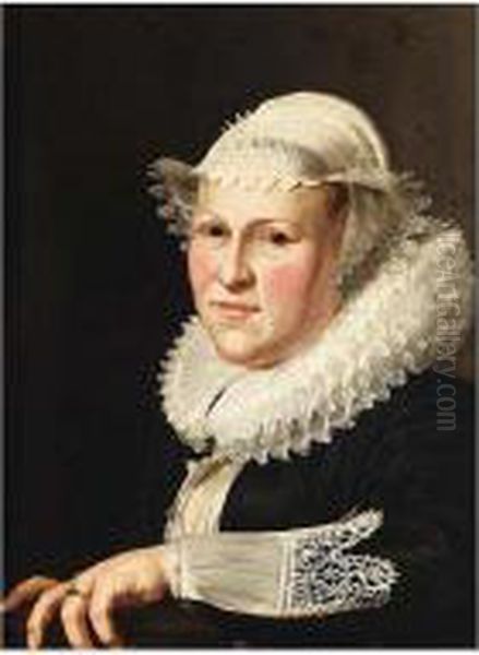 A Portrait Of A Lady, Bust Length, Wearing A Black Dress With Lace Oil Painting by Thomas De Keyser