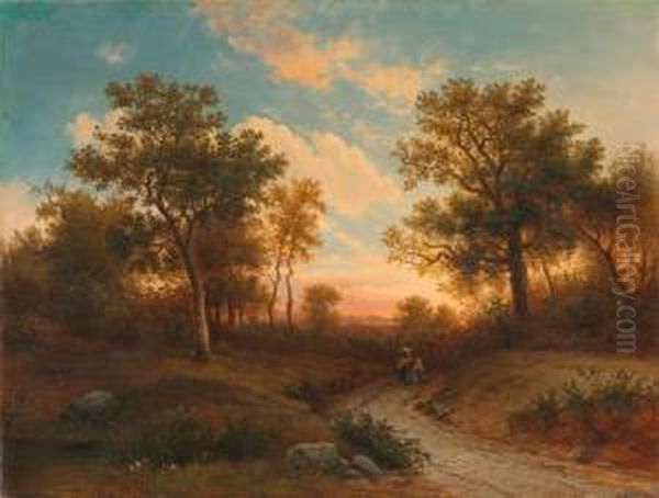 Waldlandschaft Mit Mutter Und Kind Im Abendrot. Oil Painting by Willem De Klerk