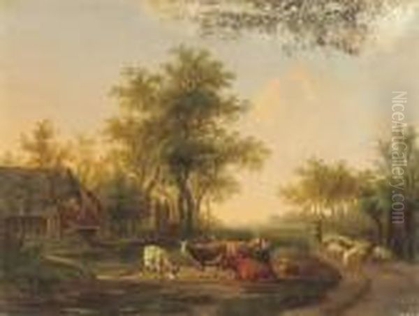 Cattle Near A Stream At Sunset Oil Painting by Willem De Klerk