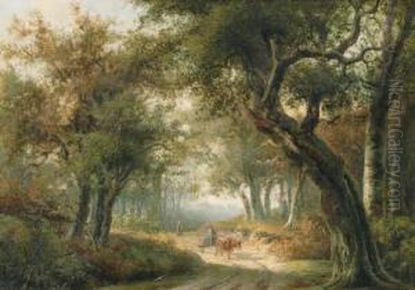 Figures In An Autumnal Forest Oil Painting by Willem De Klerk