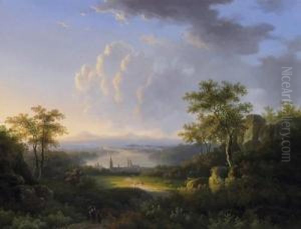 Late Summer Morning. View From A
 Hillside On An Idyllic River Landscape. Signed And Dated Bottom Right: 
W. De Klerk 1854 Oil Painting by Willem De Klerk