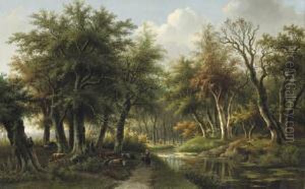 Figures On A Forest-path Along A Stream Oil Painting by Willem De Klerk