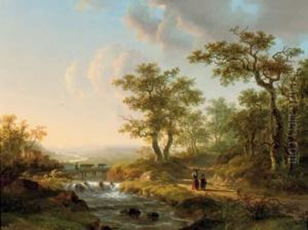 Along The River In An Undulating Summer Landscape Oil Painting by Willem De Klerk