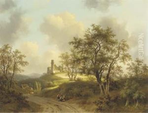 Figures Resting On A Country Road In A Wooded Landscape Oil Painting by Willem De Klerk