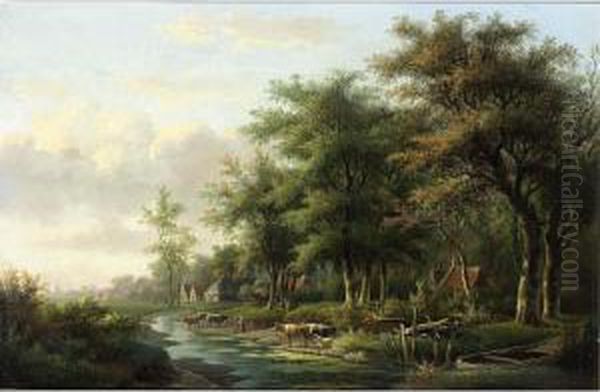 Cows In A River Landscape Oil Painting by Willem De Klerk