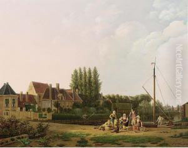 A Summer Landscape With Villagers On The Waterfront Oil Painting by Willem De Klerk