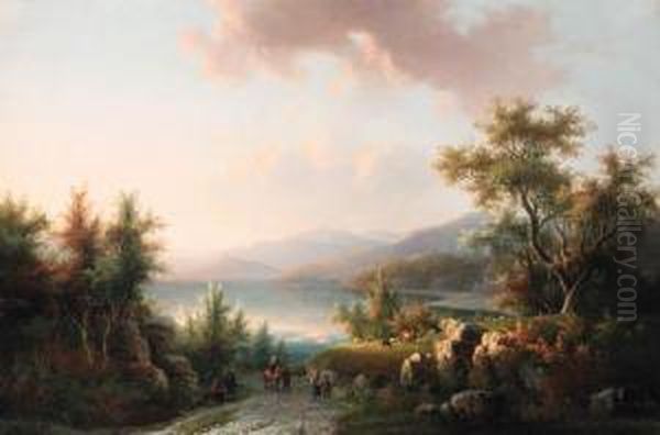 A Wooded Hilly Landscape With Travellers On A Track Near Alake Oil Painting by Willem De Klerk