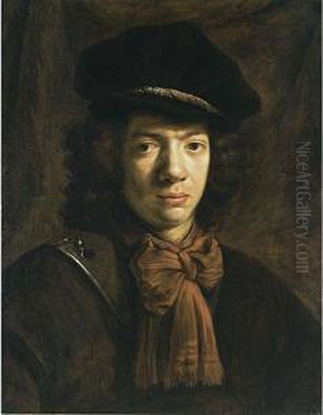 A Portrait Of A Young Man, Bust 
Length, Wearing A Cuirass With A Red Shawl, A Cravat And A Beret Oil Painting by Daniel De Koninck