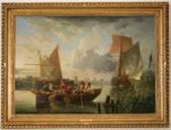 Leendert De, Dordrecht -id.; Le Passage Dela Meuse En Barque Oil Painting by Leendert de Koningh