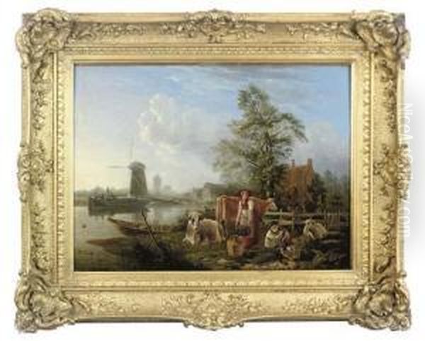 A Dutch Canal With A Milkmaid And Shepherd Boys Oil Painting by Leendert de Koningh