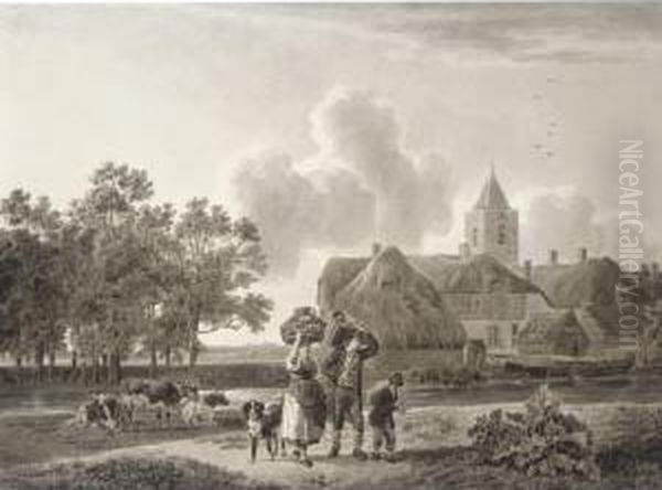 A Peasant Family Bearing Baskets Walking Beside A Canal, With A Village To The Right Oil Painting by Leendert de Koningh