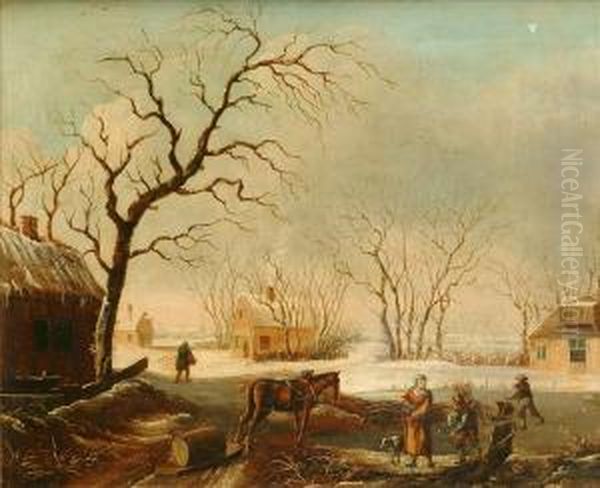 Firewood Gathers By A Frozen River In A Dutch Hamlet Oil Painting by Leendert de Koningh