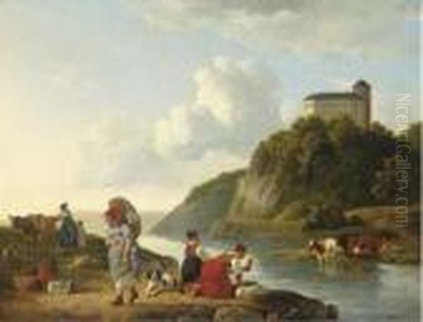 Washer Women At A Riverbank, A Castle Beyond Oil Painting by Leendert de Koningh