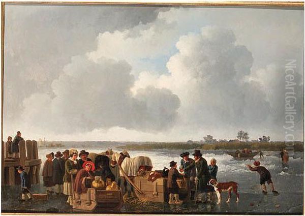 A Winter Landscape With 
Cattle-traders And Push- And Horse-drawnsledges On A Frozen River Oil Painting by Leendert de Koningh