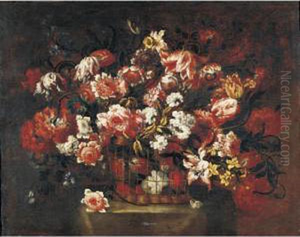 Still Life Of Flowers In A Basket Oil Painting by Gabriel De La Corte