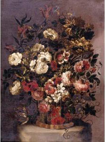 Still Life Of Flowers In A Woven Basket Oil Painting by Gabriel De La Corte